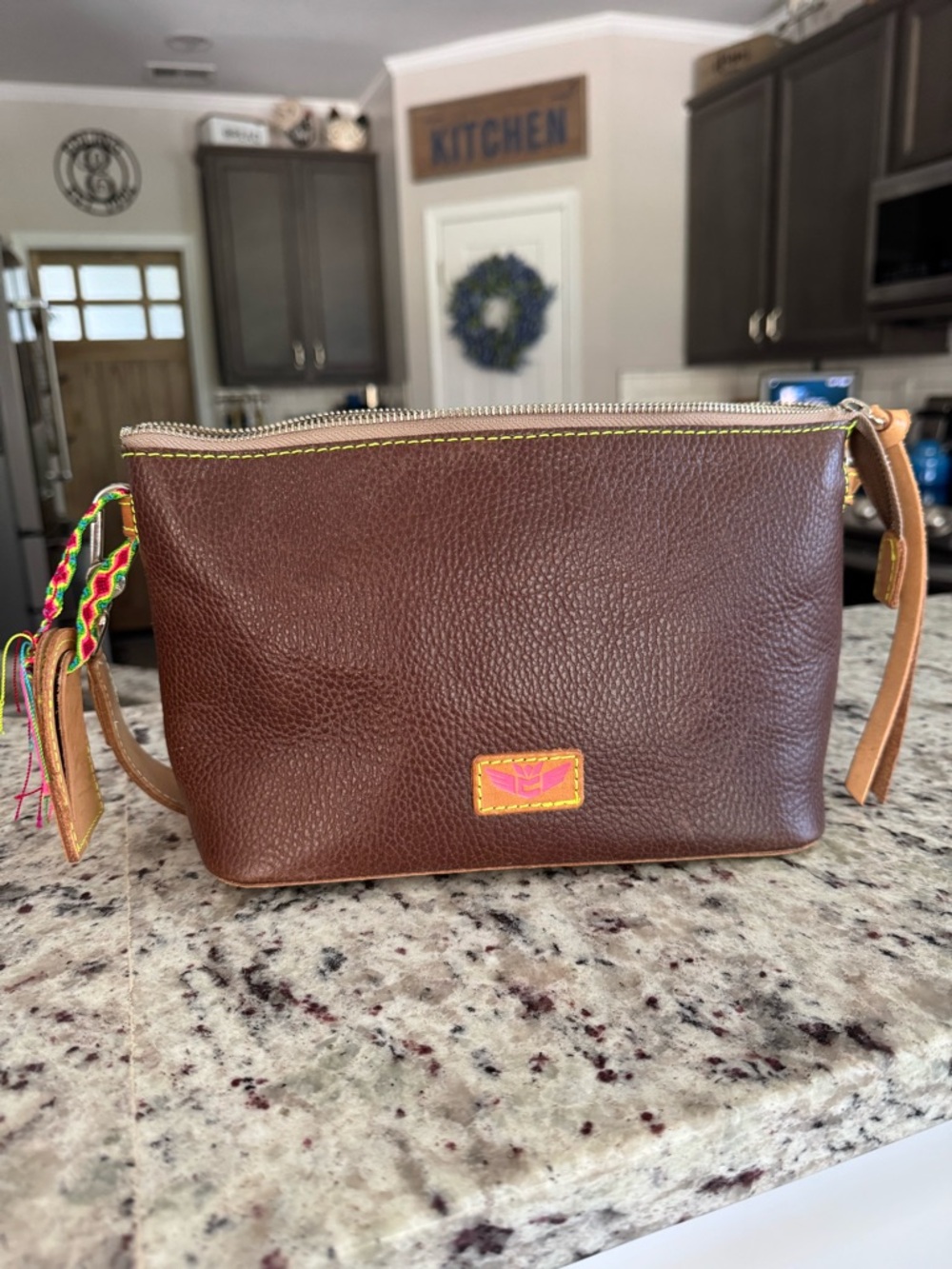 Consuela Brown Leather Shoulder Bag with Multicolor Strap Accent